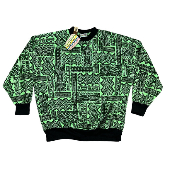 VINTAGE Shirt Men 42 Large Green Sky Lite Pullover Neon Tribal 90s‎ Preppy - Picture 1 of 7